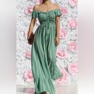 Off the shoulder cinch front ruffle sleeve smock top stripe maxi dress sage